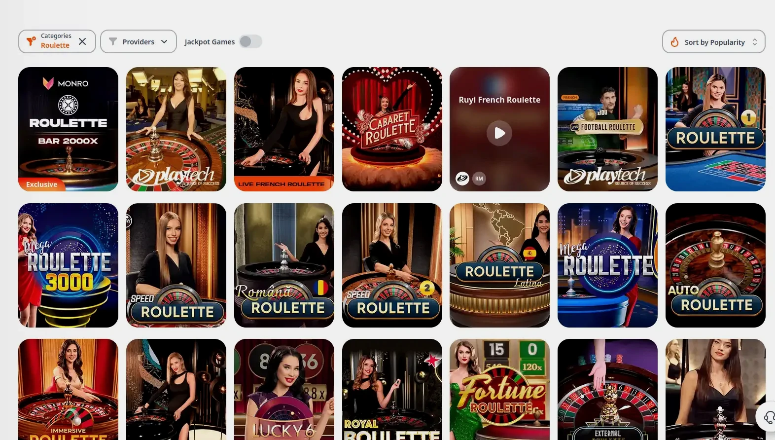 Interface de jeu Pistolo Casino avec sélection de slots et live casino